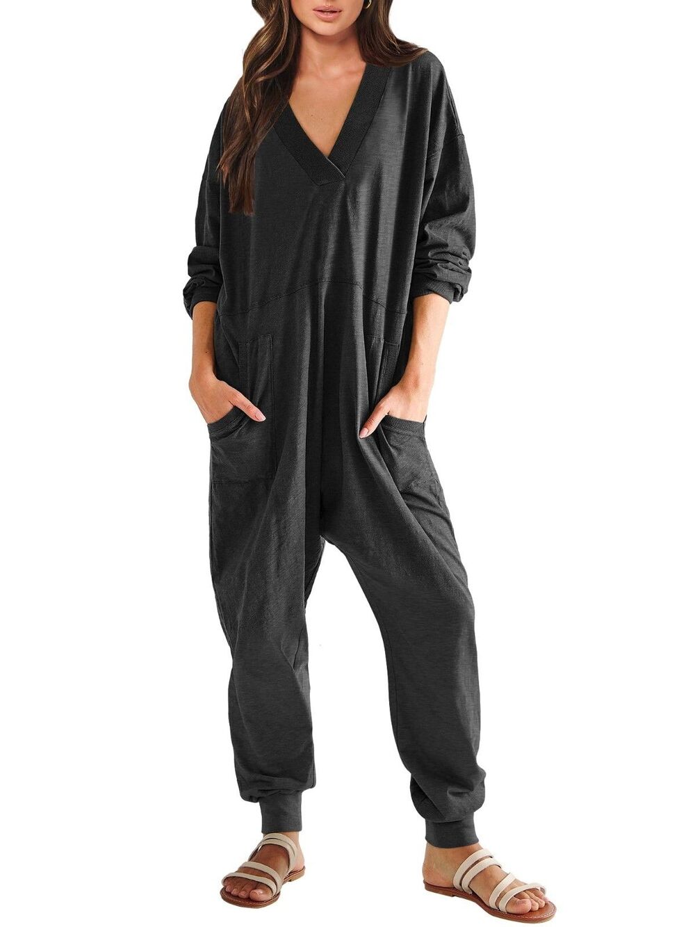 Anrabess v-Neck Long Sleeve Rayon Jumpsuit Size L-READ
